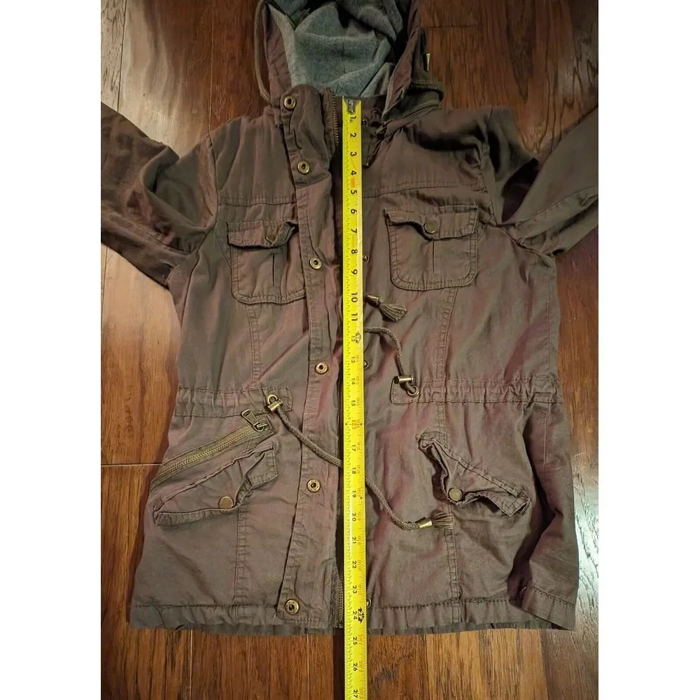 Women's Khaki Army Green Lightweight 100% Cotton Jacket Size Medium Pockets Hood
